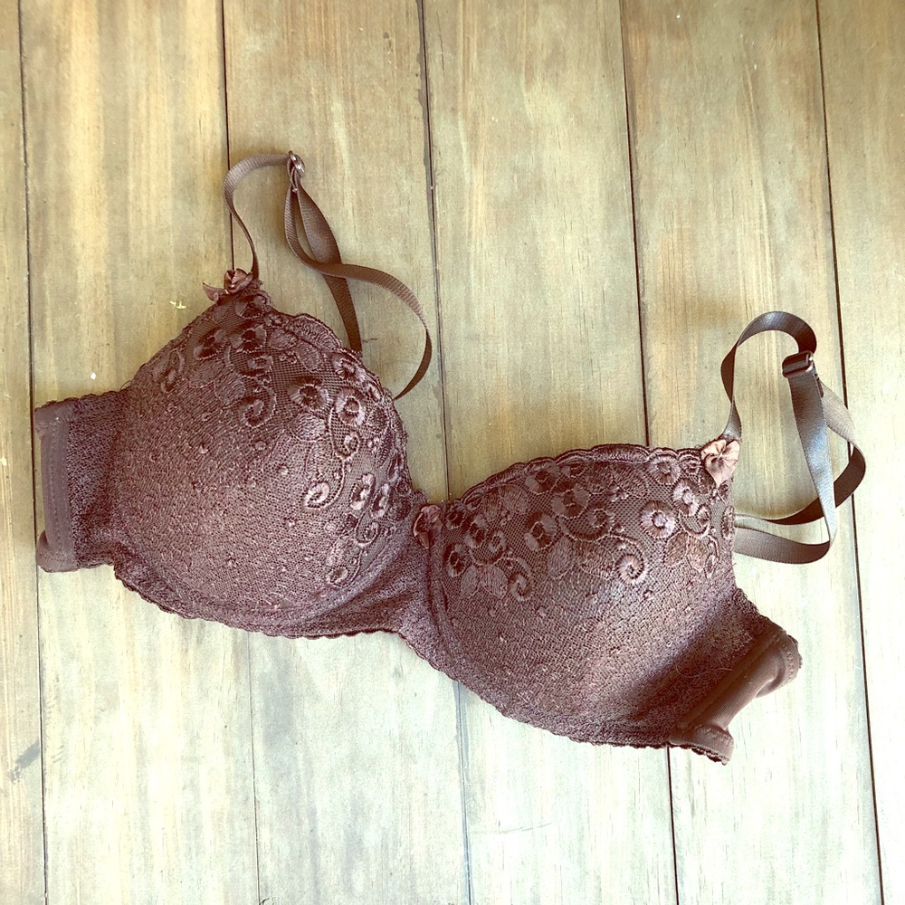 Brown Floral Embroidered Bra